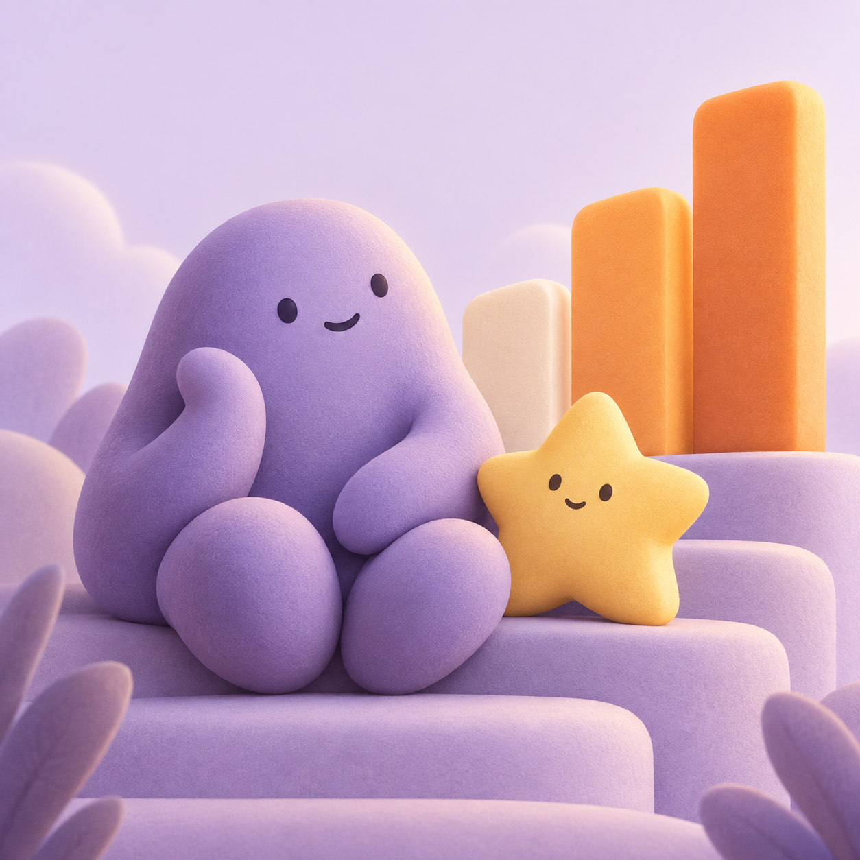 Friendly lavender and golden star characters beside softly rounded rising bars